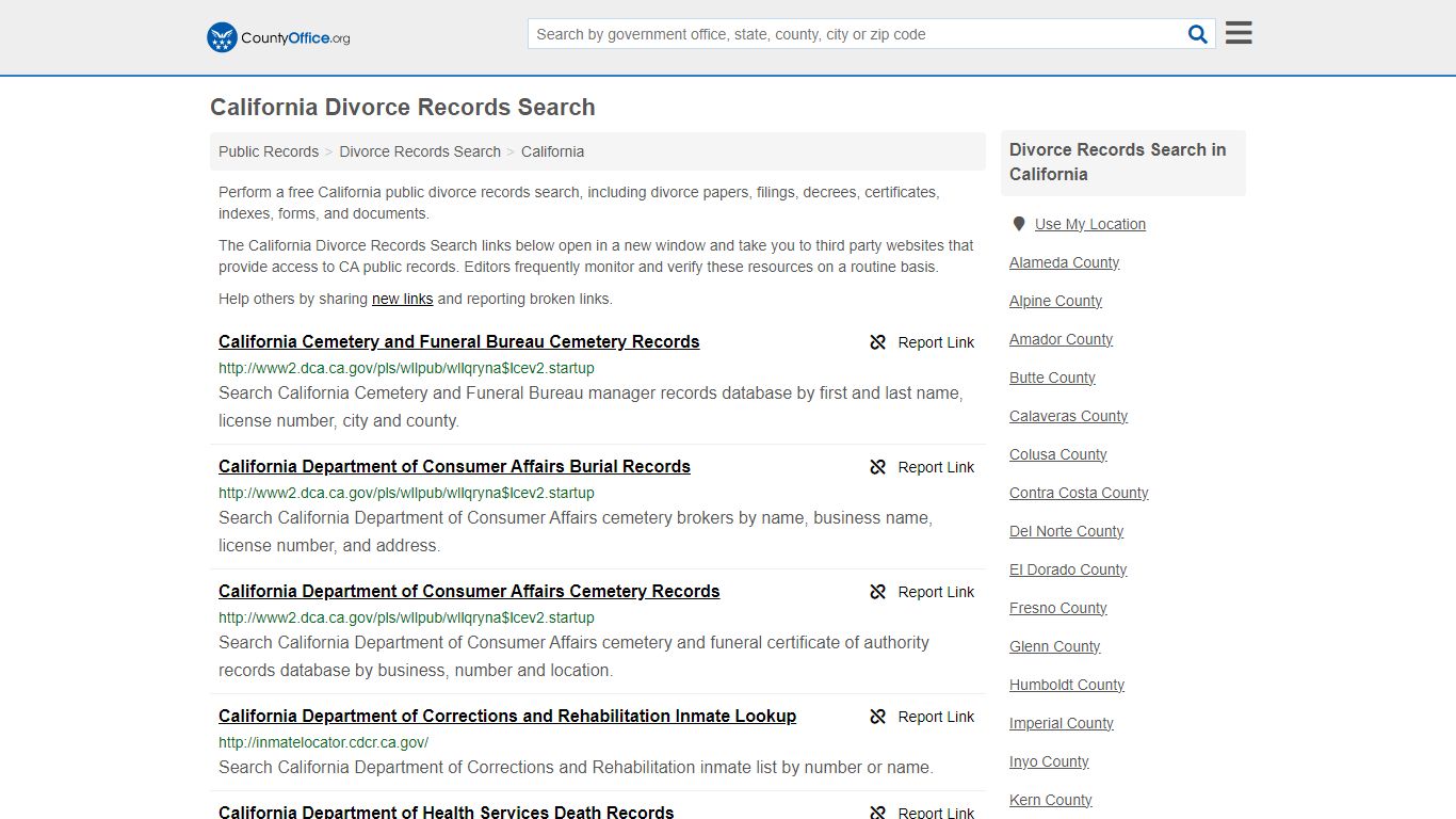California Divorce Records Search - County Office